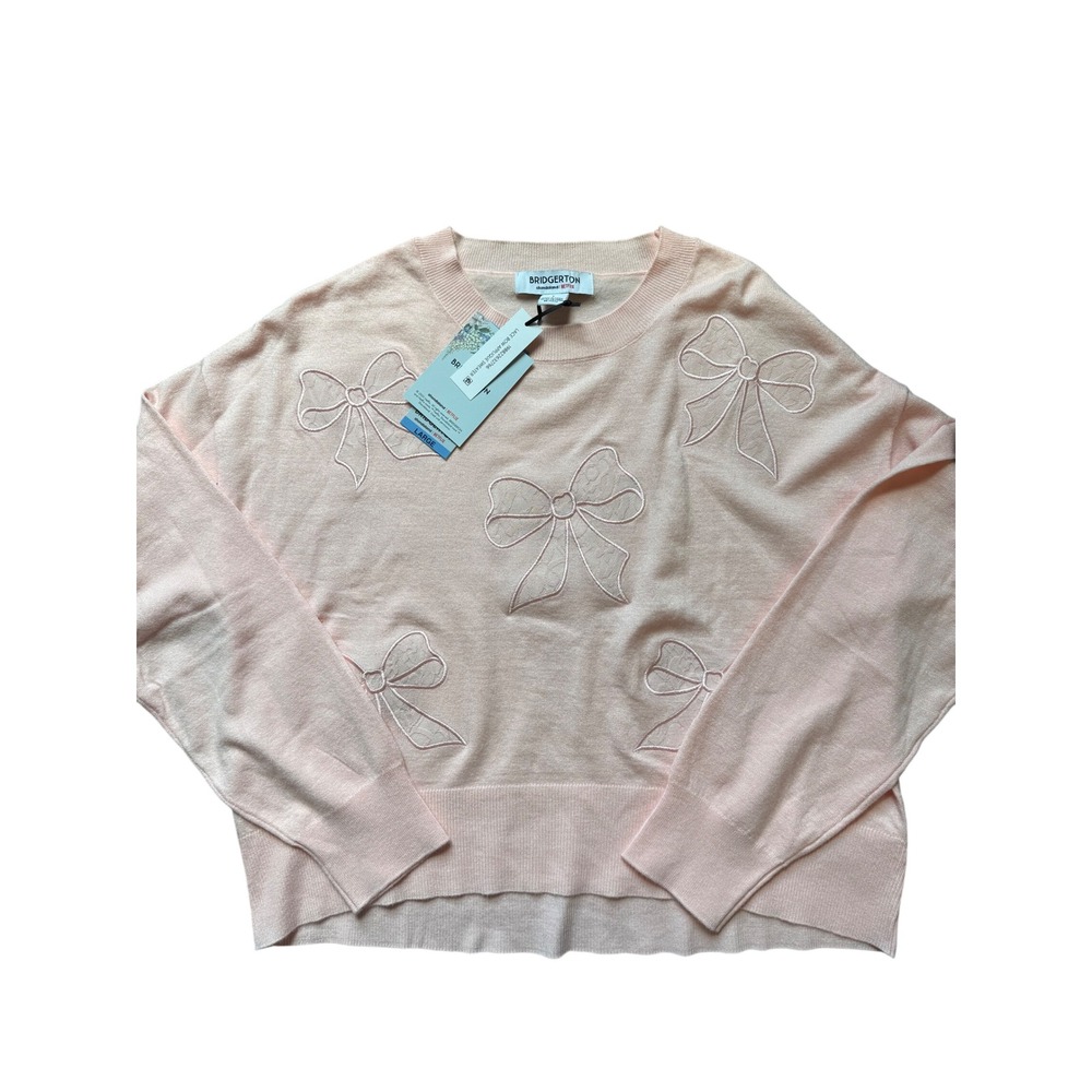 Bridgerton Shondaland Netflix Lace Bow Applique Sweater Pink Large BRIR004A